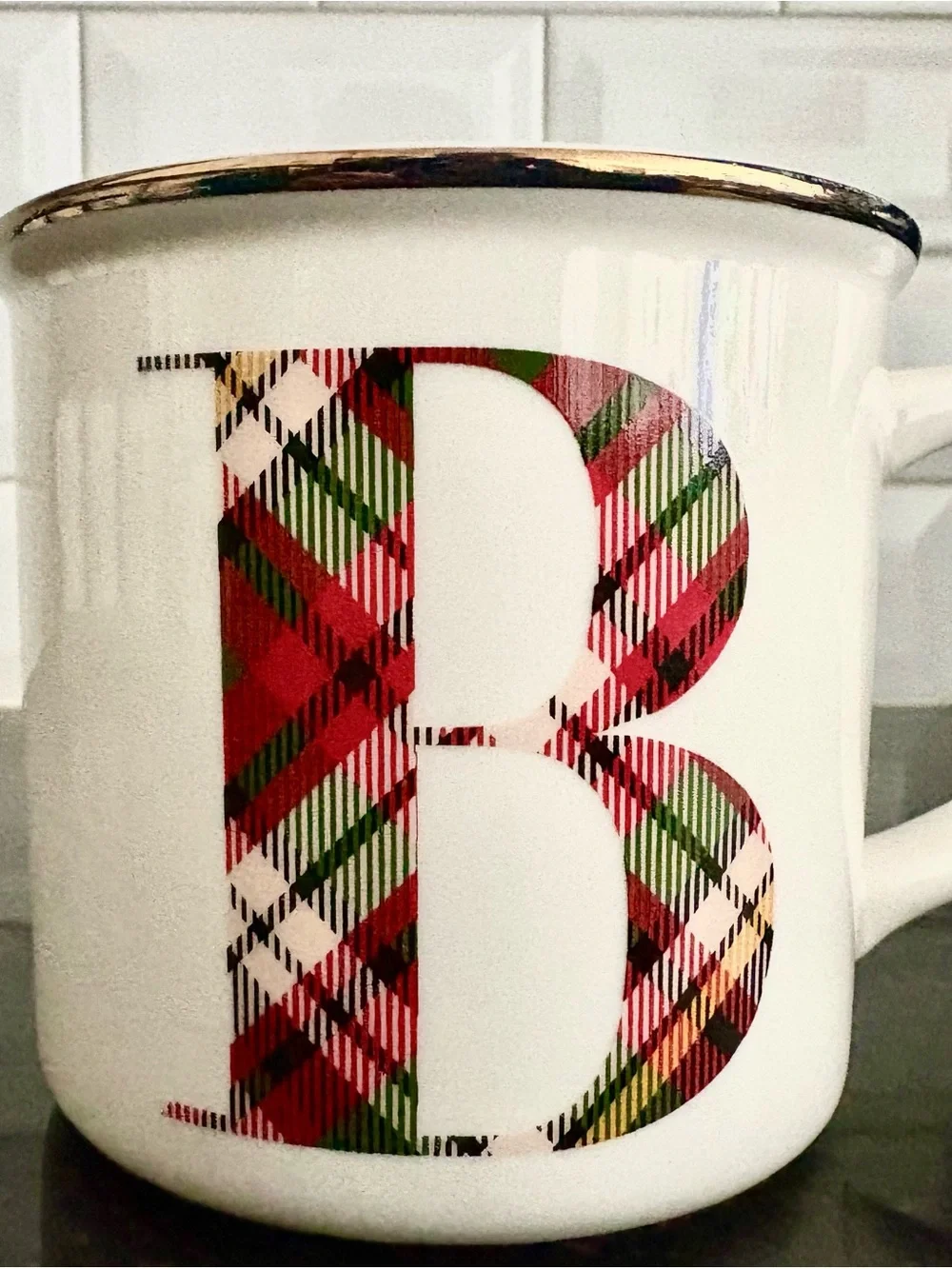 Pottery Barn plaid Initial B Ceramic Mug with Gold Rim in Brand New
